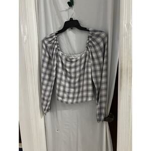 abercrombie fitch Gray Plaid Long Sleeve Crop Top Sz M Smocked Back Cabin Core